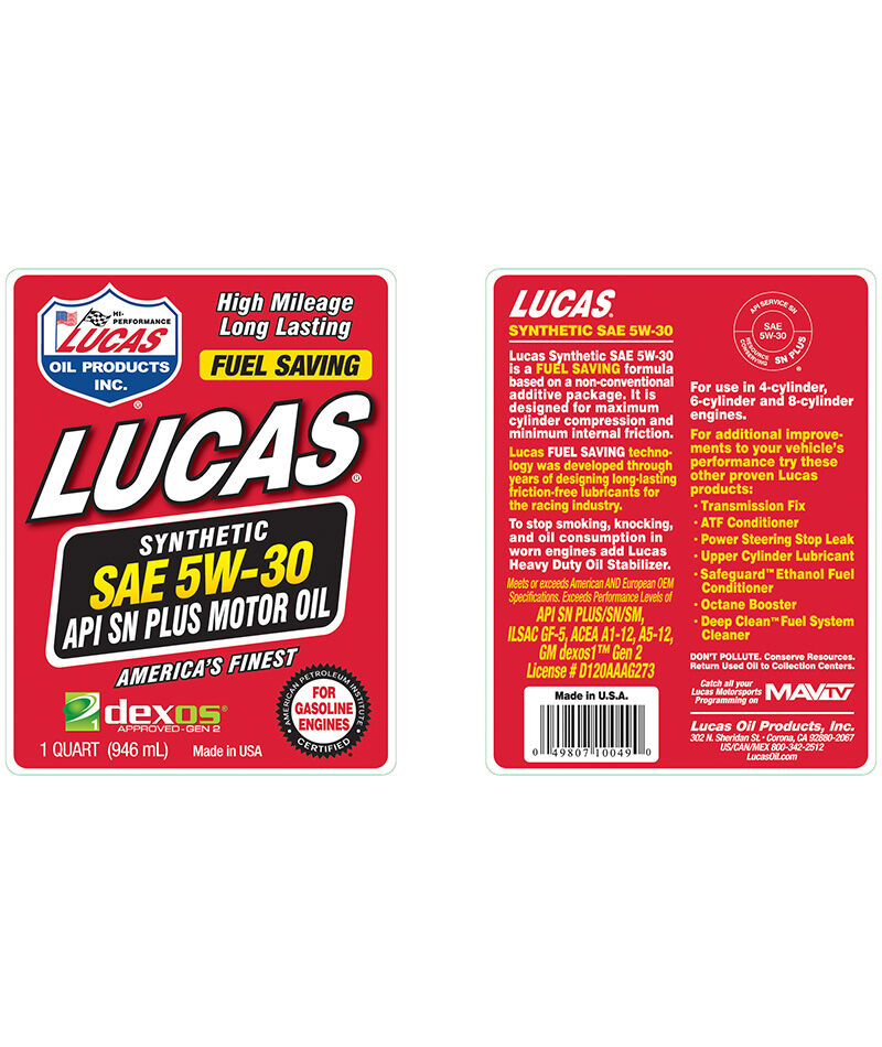 Lucas Oil 10049 SAE 5W-30 Synthetic Motor Oil - 1 Quart